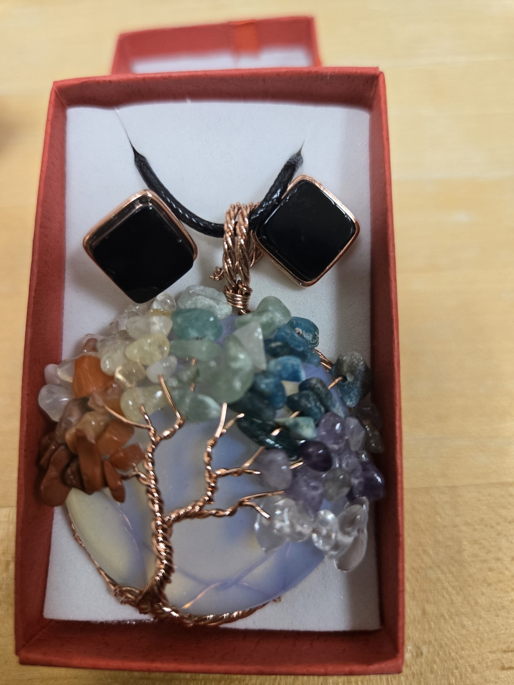 Tree of Life Multicolor Chip Pendant Necklace with Black Square Accent